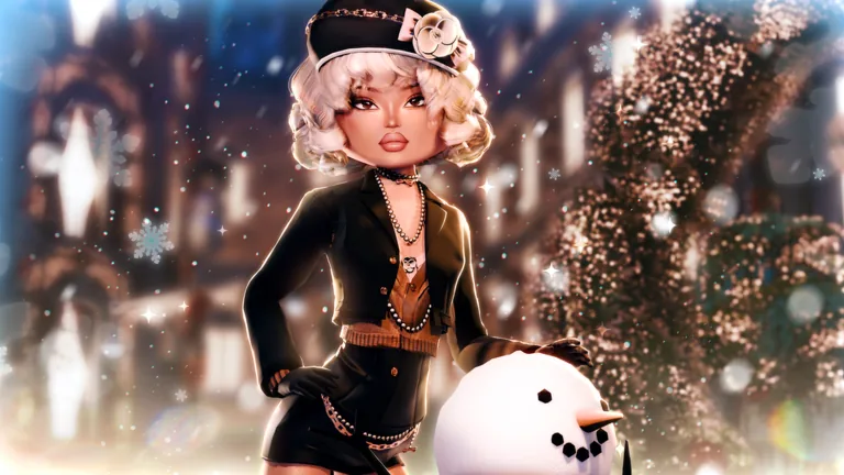 Dress To Impress model posing beside a snowman in a winter scene